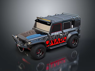 Military Off Road Vehicle With Black Body Red AVADO Lettering Roof Rack And Large Tires 3d model