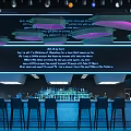 Modern Futuristic Bar Interior With Large Sculptural Installation Lighting Blue Sofas And Screens
