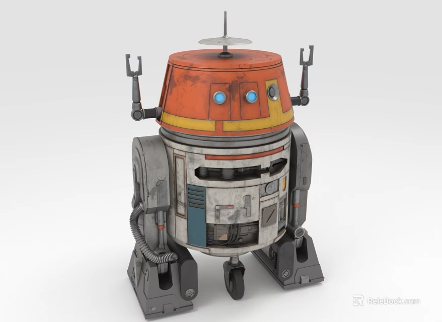 Orange and White Mechanical Robot With Dome Antenna Mechanical Arms and Wheels 3d model 