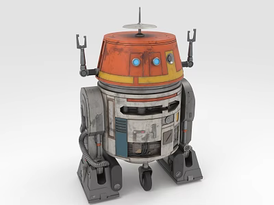 Orange and White Mechanical Robot With Dome Antenna Mechanical Arms and Wheels 3d model