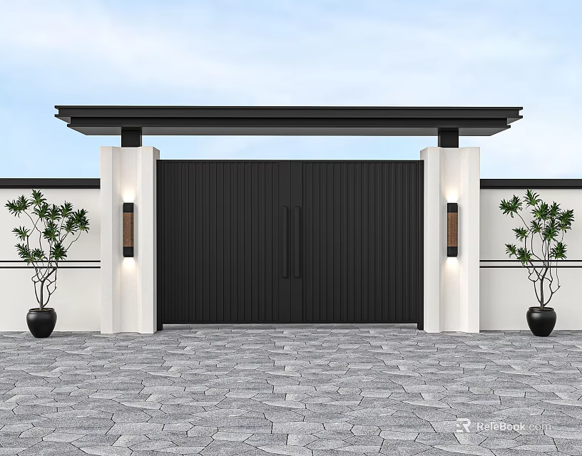 Modern Black Main Gate With White Pillars Wall Lamps And Overhead Structure 3d model 