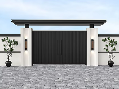 Modern Black Main Gate With White Pillars Wall Lamps And Overhead Structure 3d model