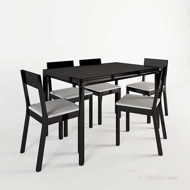 Black Rectangular Dining Table Set With Four Black Chairs And Grey Seats 3d model