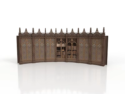 Classic Curved Dark Colored Cabinet With Decorative Spiked Top Carved Panels And Glass Doors 3d model