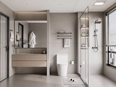 Modern Bathroom Interior With Gray Tiles Open Shower Glass Door Toilet Vanity And Mirror 3d model
