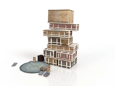 Stacked Wooden Crates With Open Containers And Round Mat 3d model
