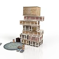 Stacked Wooden Crates With Open Containers And Round Mat