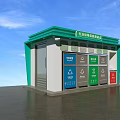 Green Roof Waste Sorting Station With Colored Recycling Bins And Signage