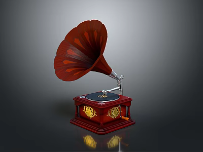 Vintage Gramophone with Red Horn Wooden Base and Golden Decorations as Classic Home Living Accessory 3d model