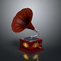 Vintage Gramophone with Red Horn Wooden Base and Golden Decorations as Classic Home Living Accessory