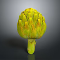 Fresh Artichoke with yellow green scales and a green stem on a dark smooth background