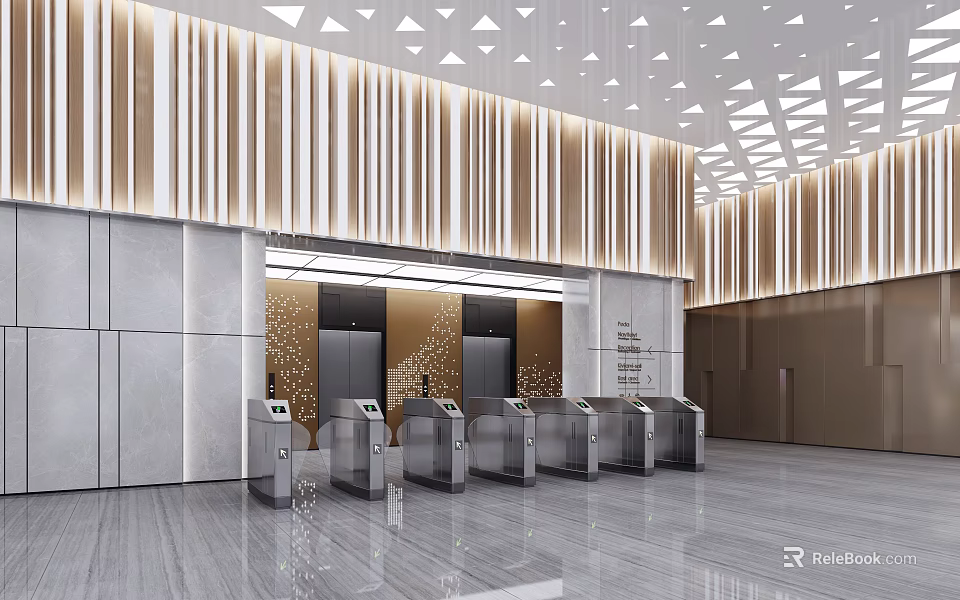 Modern Front Desk Reception Lobby With Turnstiles Decorative Wall Paneling and Marble Floor 3d model 