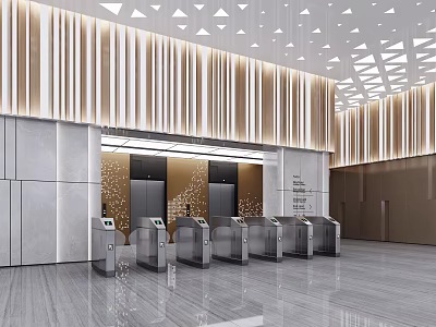 Modern Front Desk Reception Lobby With Turnstiles Decorative Wall Paneling and Marble Floor 3d model