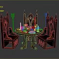 Medieval Style Round Wooden Dining Table With High Back Chairs Candles Food Plates And Goblets