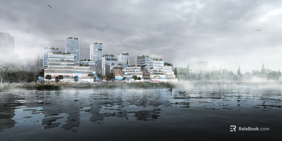 Modern Waterfront Architectural Design With Urban Building Reflections And Overcast Sky 3d model 