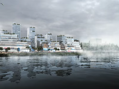 Modern Waterfront Architectural Design With Urban Building Reflections And Overcast Sky 3d model