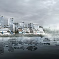 Modern Waterfront Architectural Design With Urban Building Reflections And Overcast Sky