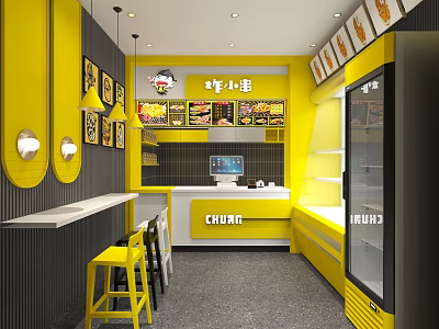 Shopping Mall Shop Yellow Themed Fried Skewers Interior With Counter Refrigerator And Stools 3d model