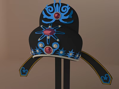 Traditional Black Hat With Blue Embroidery Red Gemstones Blue Stars And Decorative Ribbons 3d model