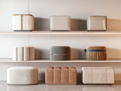 Stylish Ottoman Footstools in Various Designs and Colors Displayed on Wooden Shelves 3d model