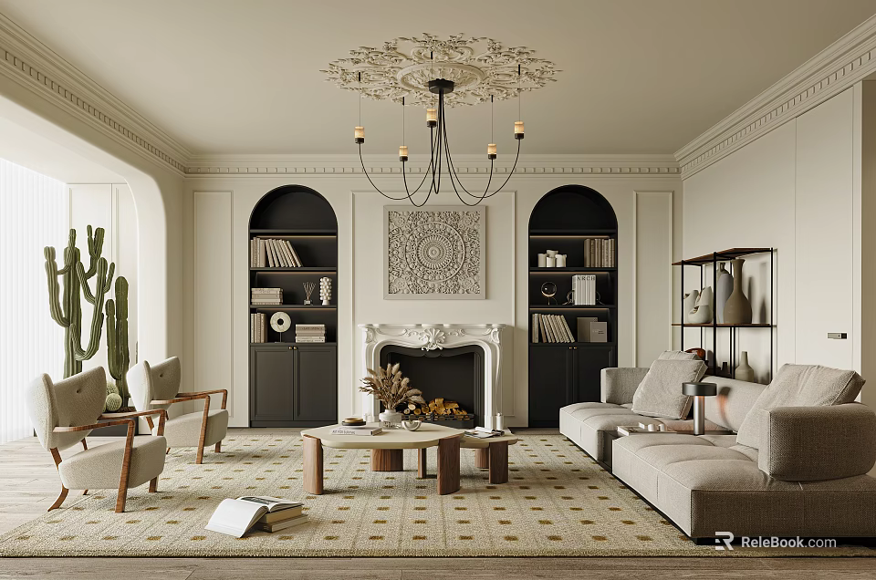 Elegant Living Room Interior With Ornate Chandelier Fireplace Beige Sofa And Patterned Rug 3d model 
