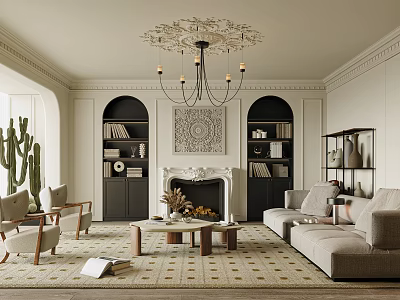 Elegant Living Room Interior With Ornate Chandelier Fireplace Beige Sofa And Patterned Rug 3d model