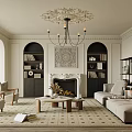 Elegant Living Room Interior With Ornate Chandelier Fireplace Beige Sofa And Patterned Rug