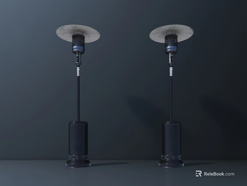 Two Black Standing Objects with Circular Plates and Cylindrical Bases on Dark Background 3d model