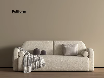 Poliform Beige Fabric Two-Seater Sofa With Plaid Blanket Small Cushions Square Pillow Wooden Floor 3d model