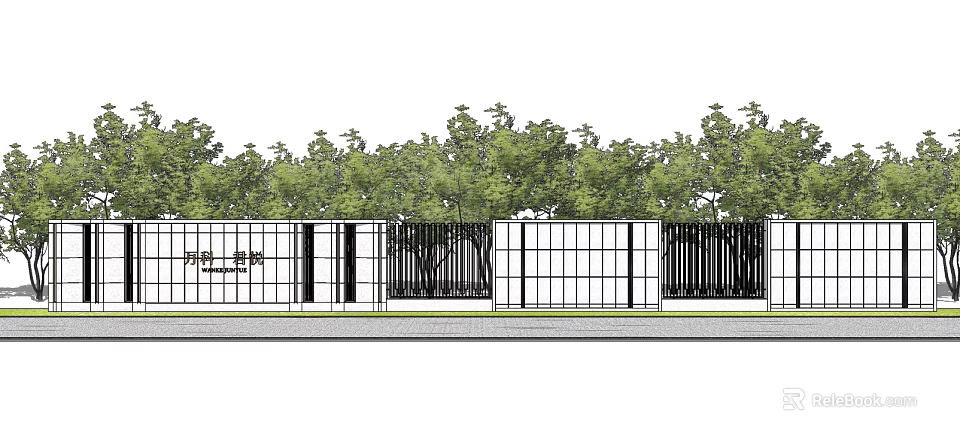 Modern Black Iron Entrance Gate With Grid Design And Green Trees Background 3d model 