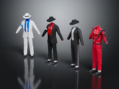 Various Men's Fashion Clothing Outfits Including White Black Suits Red Jacket Ties and Hats 3d model