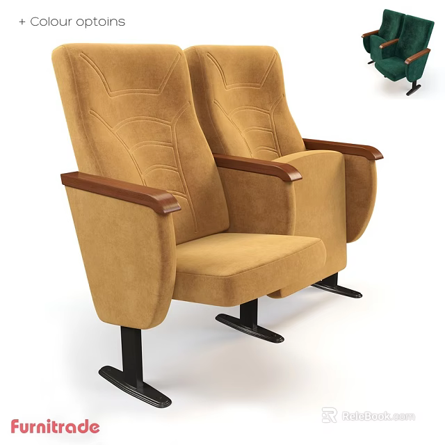 Double Brown Leisure Chairs With Wooden Armrests And Black Metal Padded Seats 3d model 