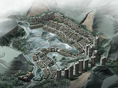 Aerial Planning of Mountainous Residential Community with Water Features Greenery and Buildings 3d model