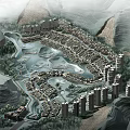 Aerial Planning of Mountainous Residential Community with Water Features Greenery and Buildings