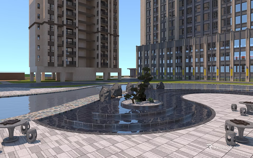 Residential Landscape With High Rise Buildings And Central Water Fountain Featuring Rockery And Green Plants 3d model 