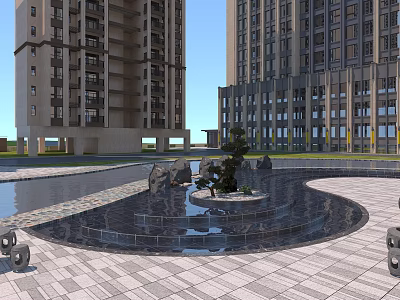 Residential Landscape With High Rise Buildings And Central Water Fountain Featuring Rockery And Green Plants 3d model