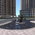 Residential Landscape With High Rise Buildings And Central Water Fountain Featuring Rockery And Green Plants