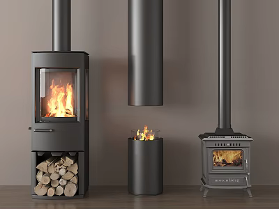 Freestanding Cylindrical and Traditional Fireplaces with Burning Flames in Interior Design 3d model