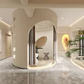 Relaxing Beauty Hair Salon Interior With Curved Bench Palm Trees And Circular Light Glow
