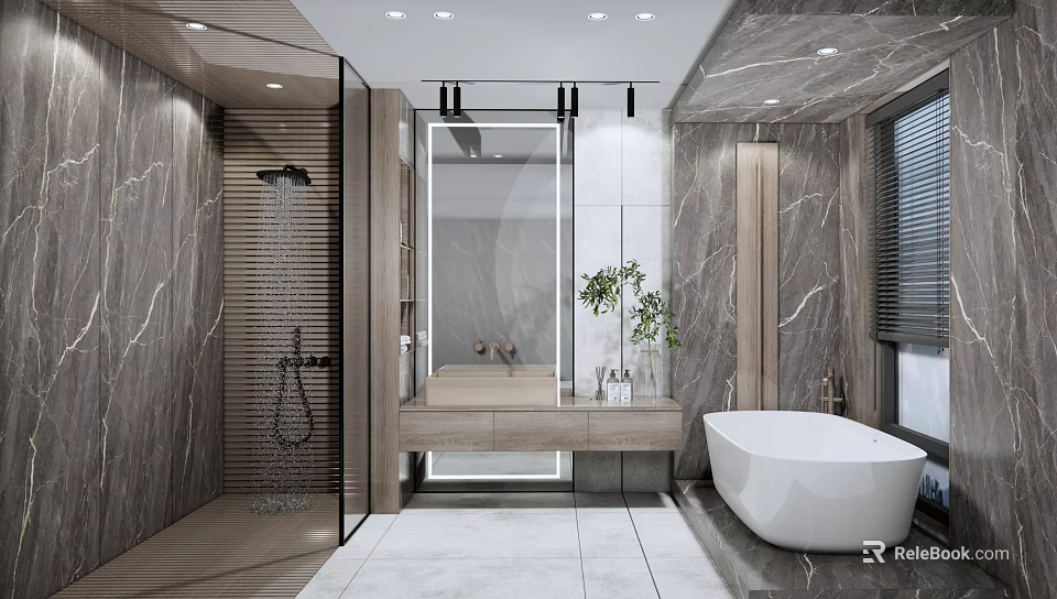 Modern Bathroom Interior Design With Glass Shower Freestanding Bathtub Marble Walls And Wood Accents 3d model 