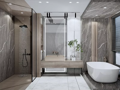 Modern Bathroom Interior Design With Glass Shower Freestanding Bathtub Marble Walls And Wood Accents 3d model