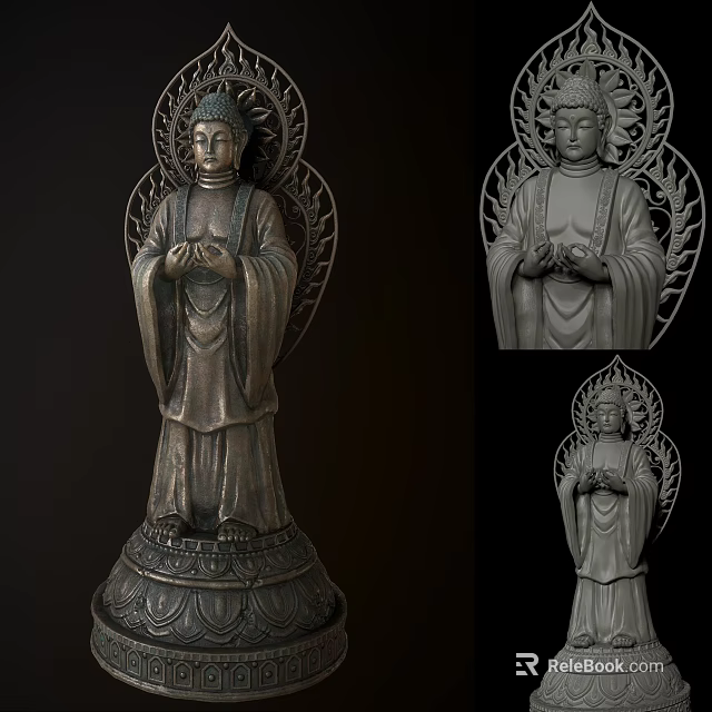 Standing Buddha Sculpture Carving With Palms Together And Intricate Back Ornamentation 3d model 