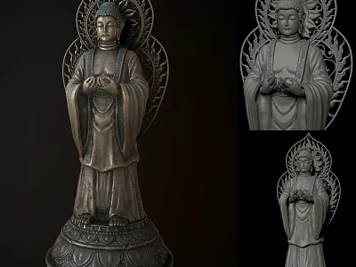 Standing Buddha Sculpture Carving With Palms Together And Intricate Back Ornamentation 3d model