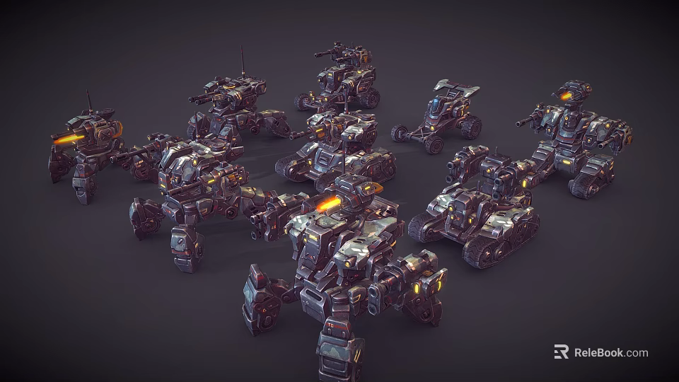 Futuristic Mechanical Weapons Featuring Battle Robots Lighting Effects And Metallic Texture 3d model