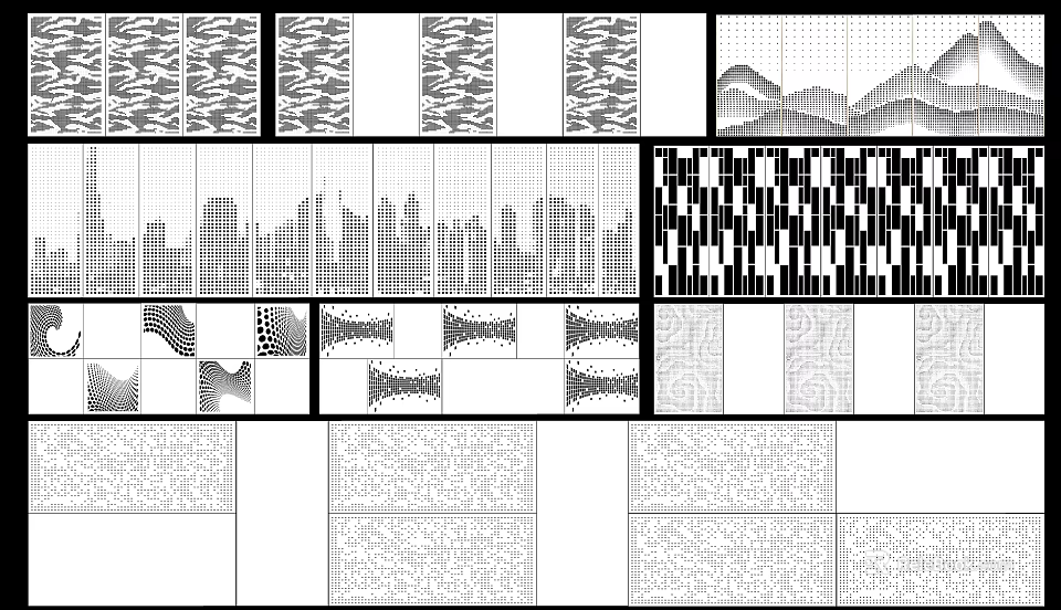 Collection of Various Black and White Decorative Patterns and Textures Including Geometric and Urban Elements 3d model 