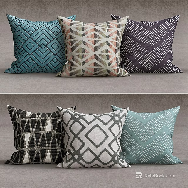 Set Of Modern Decorative Throw Pillows With Geometric Patterns In Assorted Colors 3d model