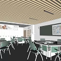 Kindergarten Classroom Interior With Curved Arches Tables Chairs And Digital Screens