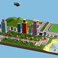 Cartoon City Scene With Colorful Tall Buildings Low Rise Structures Green Lawns And Trees