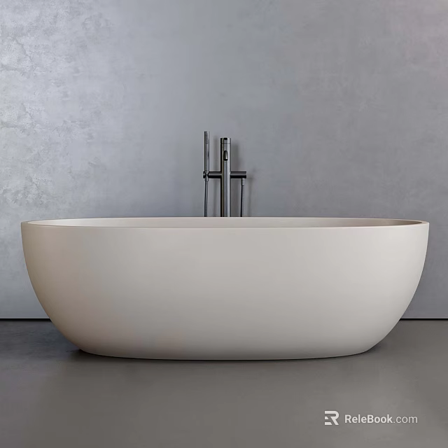 Modern Freestanding White Oval Bathtub with Silver Faucet Against Gray Wall 3d model 