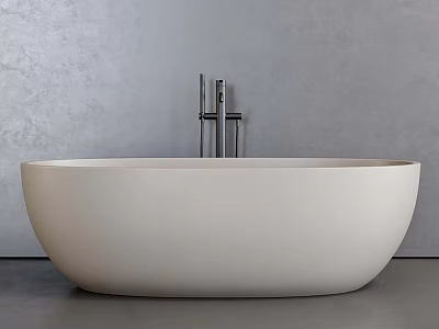 Modern Freestanding White Oval Bathtub with Silver Faucet Against Gray Wall 3d model